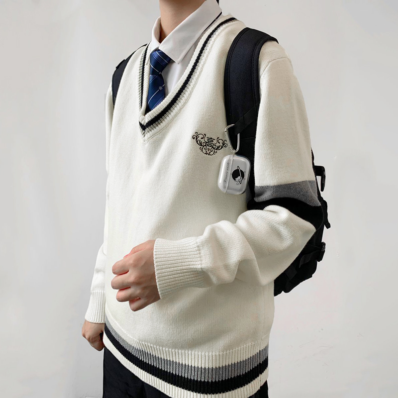 木村叔dk原创刺绣v领保暖衫男背心青少年学生春秋季毛衣马甲制服