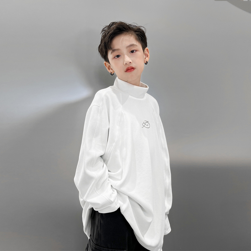 男童打底半高领加绒t恤白色冬季儿童德绒国潮中长款 大童宽松内搭