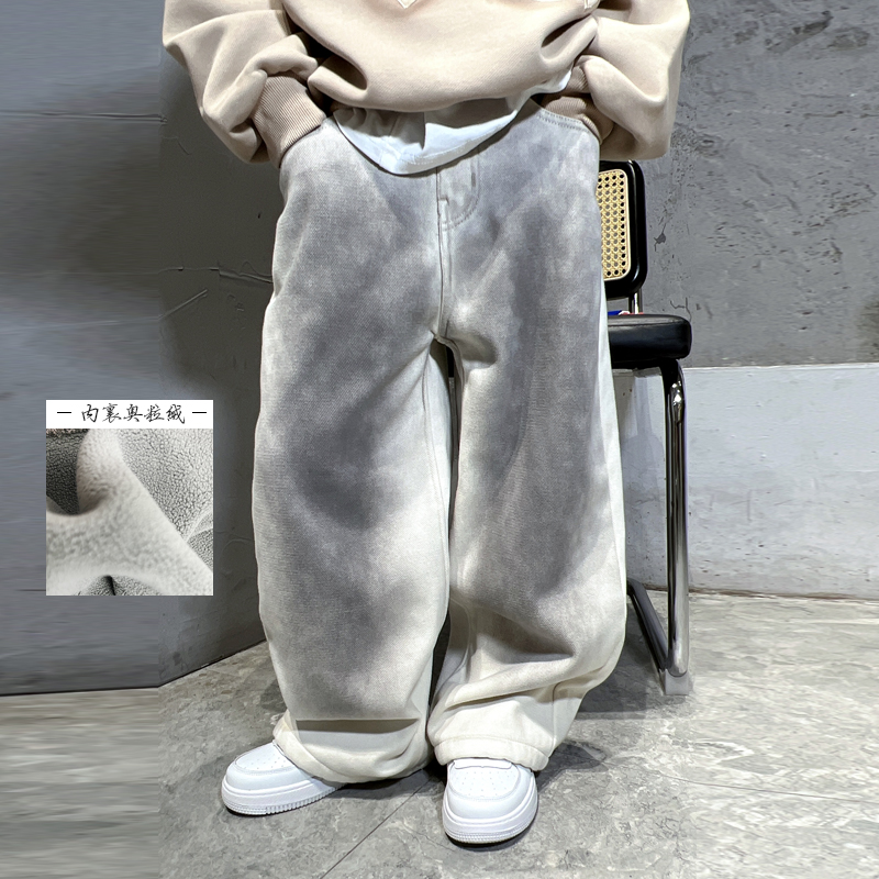 男童加绒加厚牛仔裤2024冬装新款中大童渐变阔腿宽松休闲儿童裤子