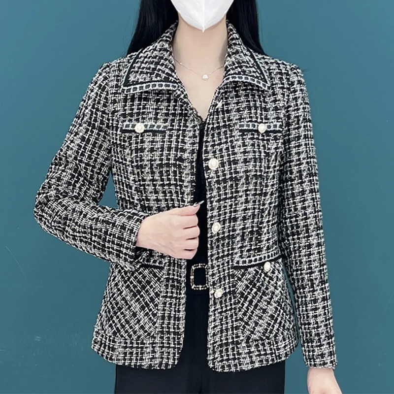 【高品质】中年妈妈春装小香风短款外套洋气时尚百搭千鸟格上衣女