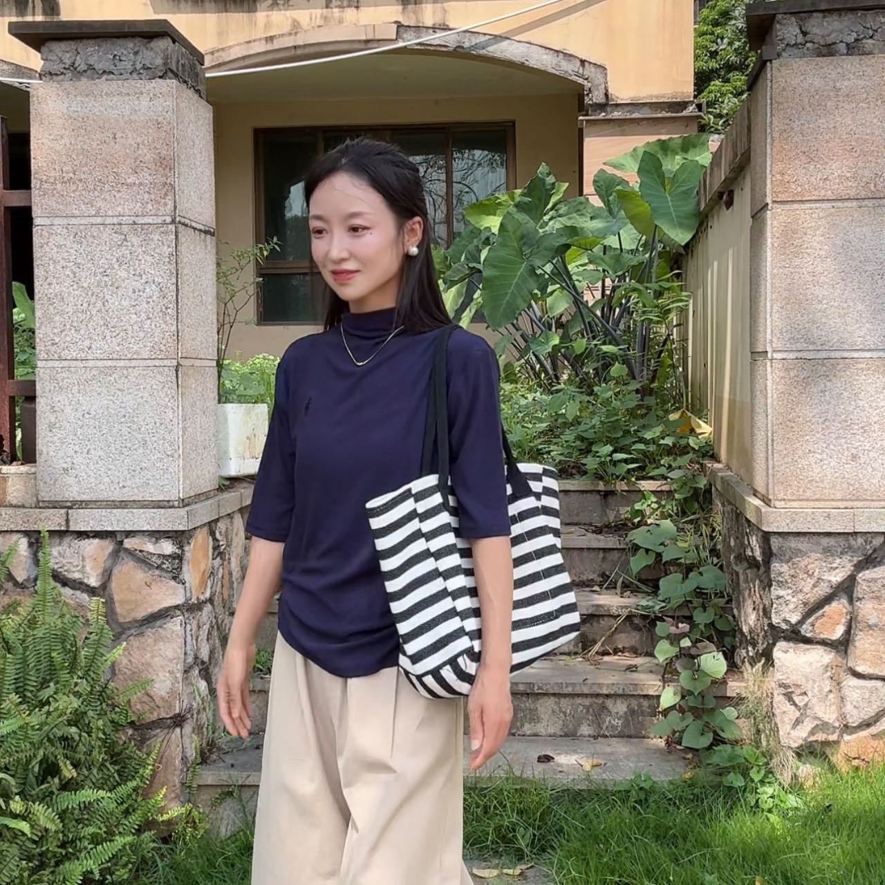 棉麻条纹单肩包
