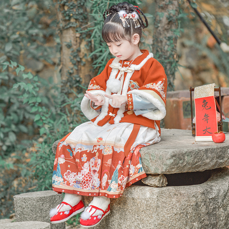 舒栗【祈福】龙年拜年服女童汉服红色套装中国风过年服冬款童装汉服