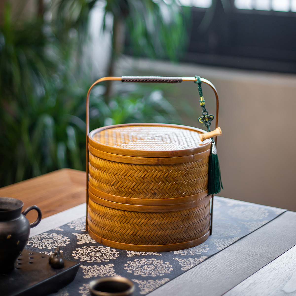 小曼提盒竹编双层食盒大漆收纳篮茶具收纳点心月饼礼盒便携野餐盒