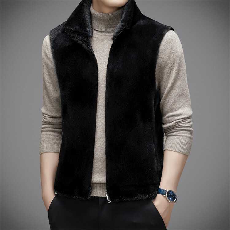鄂尔多斯市貂绒皮草坎肩马甲外套皮毛一体背心男秋冬双面立领马夹