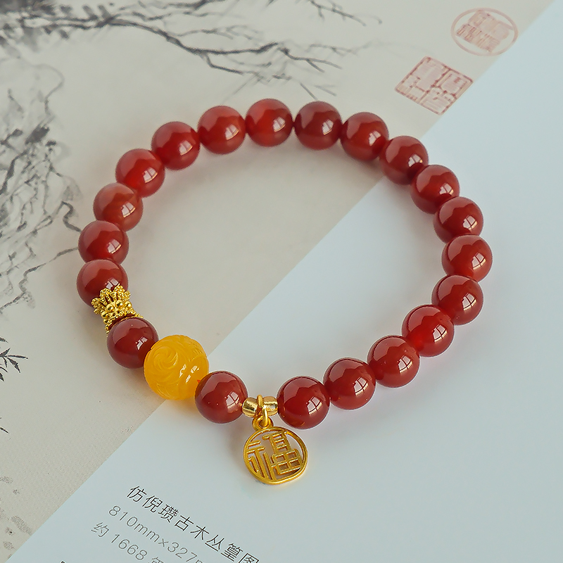 本命年天然红玛瑙福牌经典百搭款女款手串手链-7138