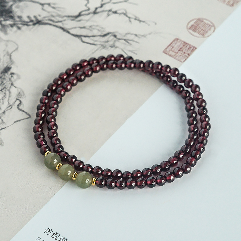 双圈石榴石搭配和田玉气质风手链 -7280