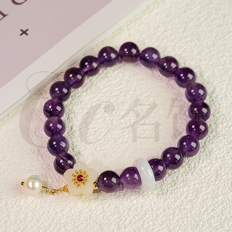 单圈精美紫水晶翡翠跑环桃花转珠手链 5994