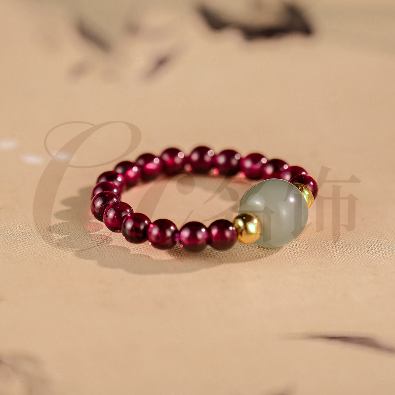 天然石榴石轻奢女士戒指和田玉弹力绳气质戒圈多样性发一-3066