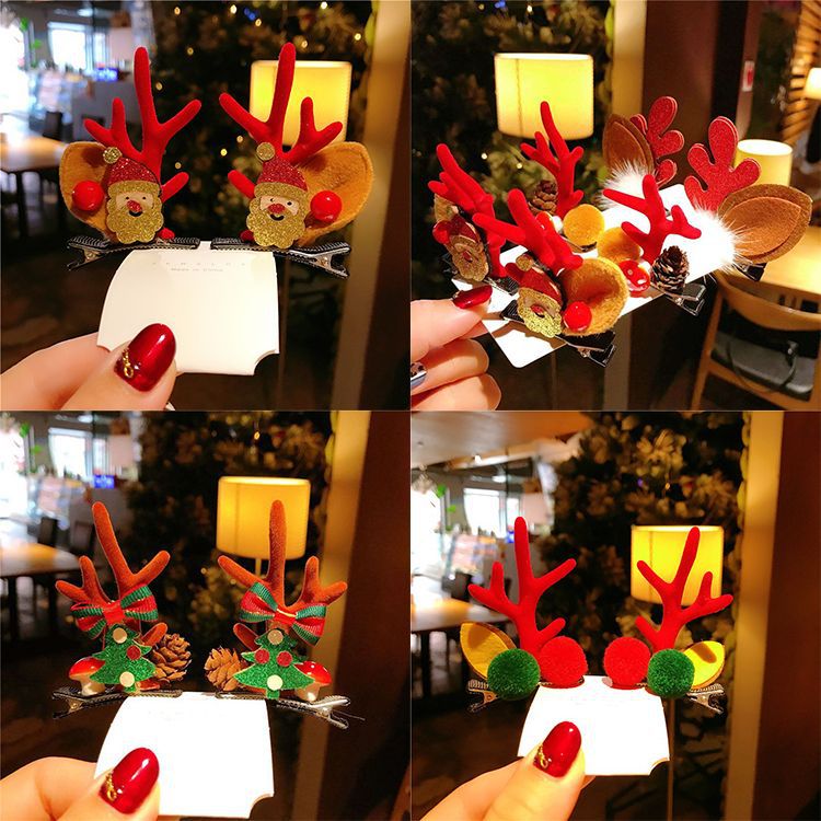 新款圣诞节发饰女萌趣圣诞老人圣诞树鹿角毛绒结鸭嘴夹圣诞发夹