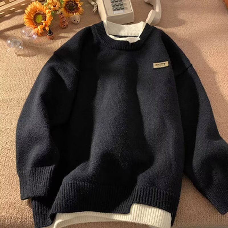 2023秋冬新款假两件毛衣韩系慵懒风潮牌高级感圆领宽松针织衫男士