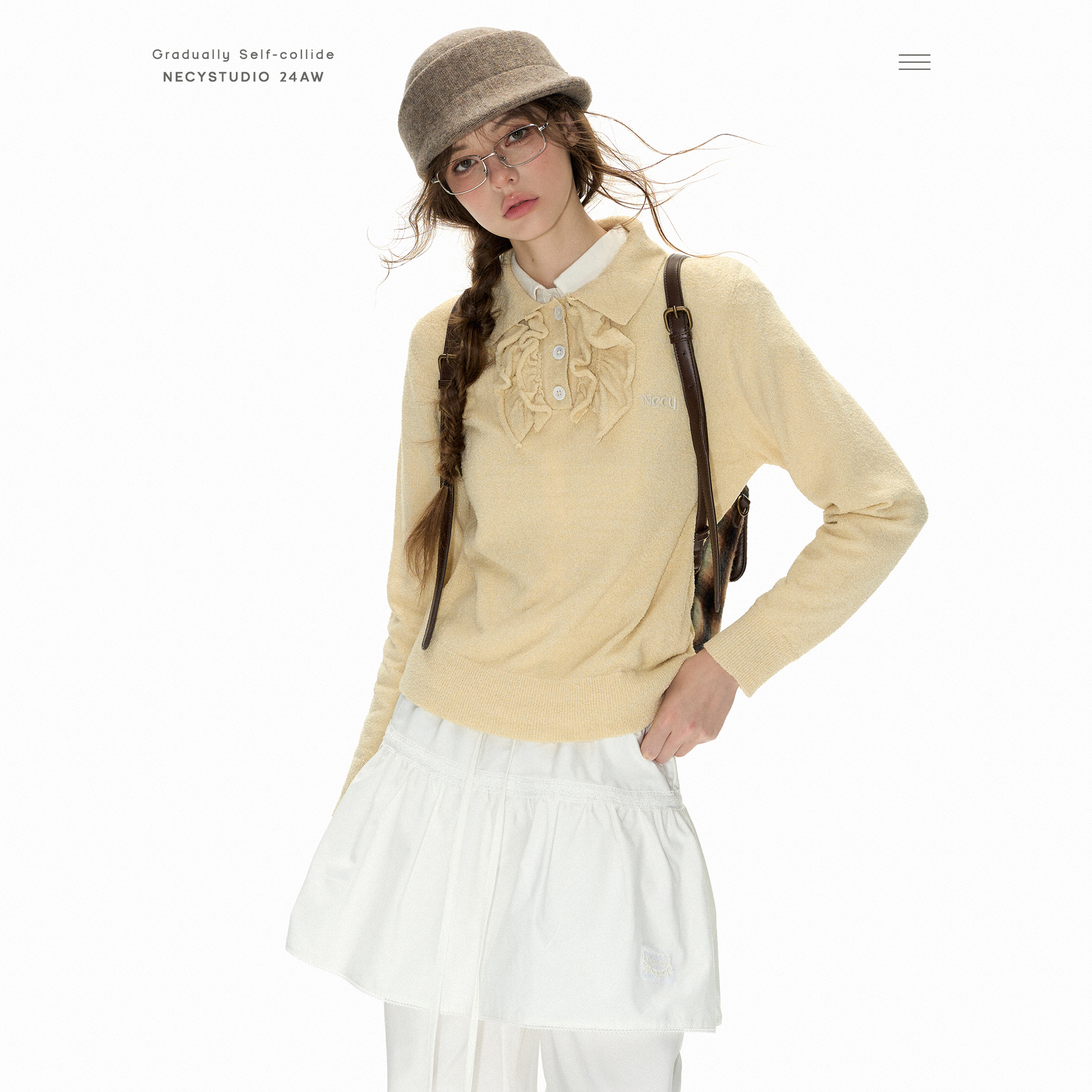 NECY 米色花边门襟毛衣 设计感气质小香风毛织木耳边长袖上衣女