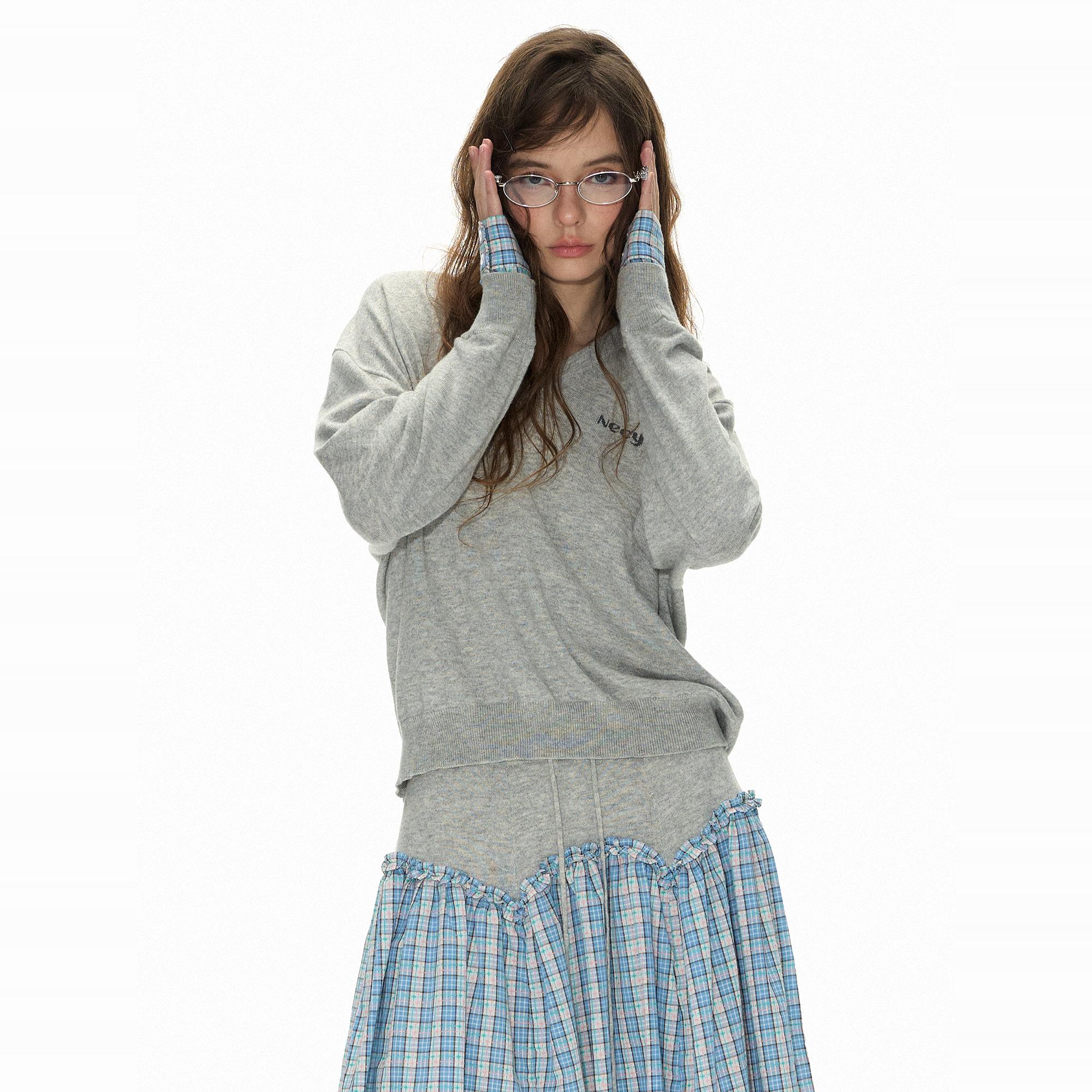 NECY v领长袖针织上衣秋季慵懒风休闲毛织格纹拼接针织