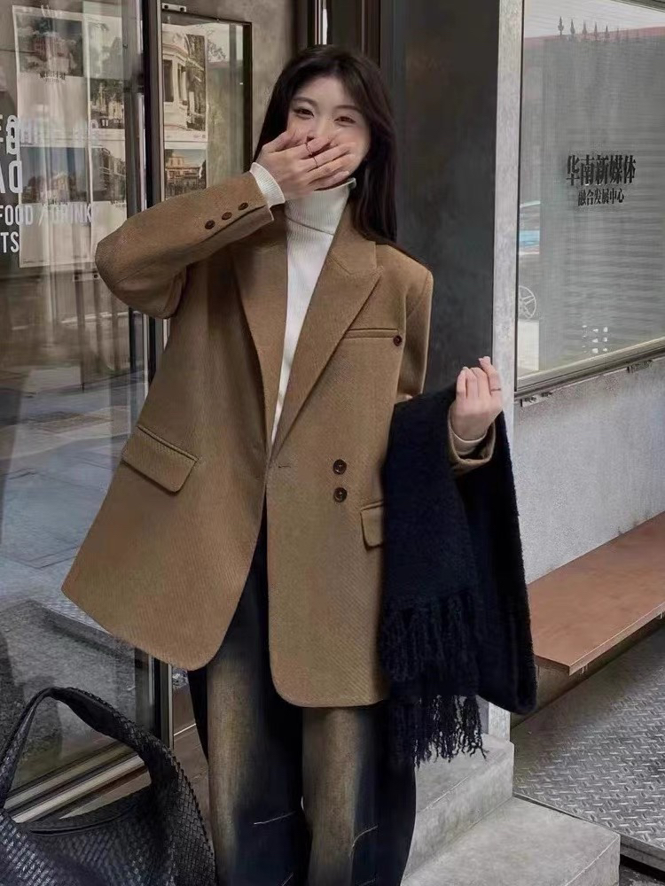 秋冬季复古厚款毛呢西装外套女高级感宽松加厚呢子大衣西服潮