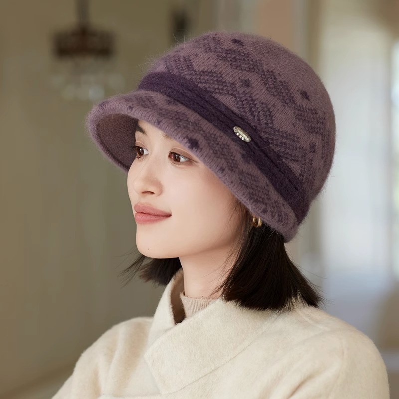 毛线贝雷帽女秋冬季显脸小保暖毛线帽针织帽子中老年人妈妈帽奶奶