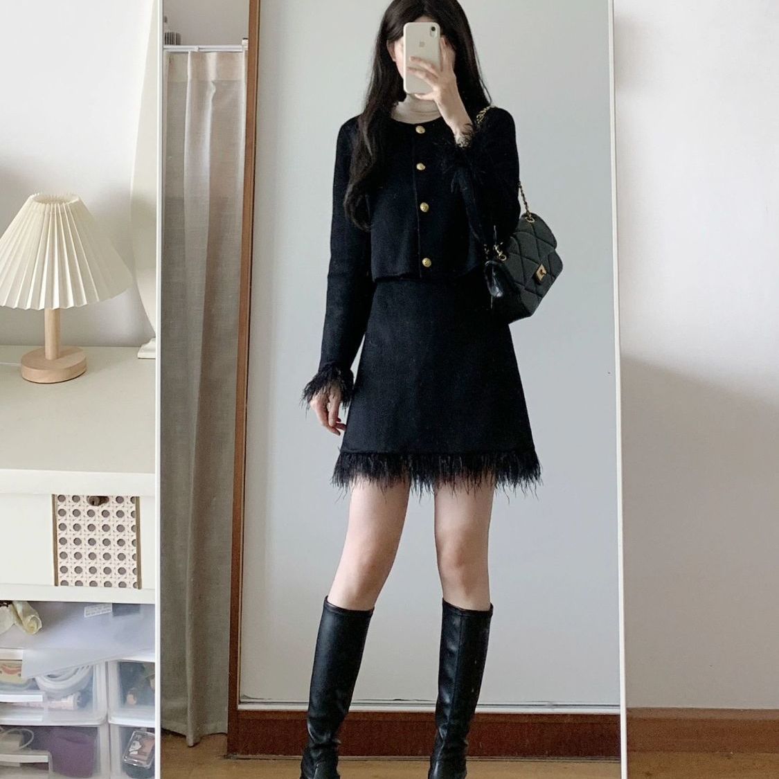 小香风套装黑色毛毛外套半身裙赫本风高级感小洋装两件套秋冬新款