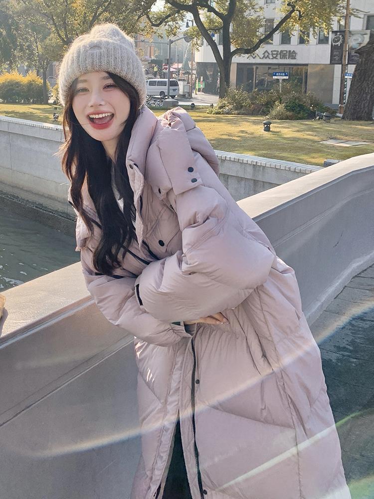 奶fufu粉紫色连帽长款羽服女2023新款韩系面包服90白鸭绒厚外套