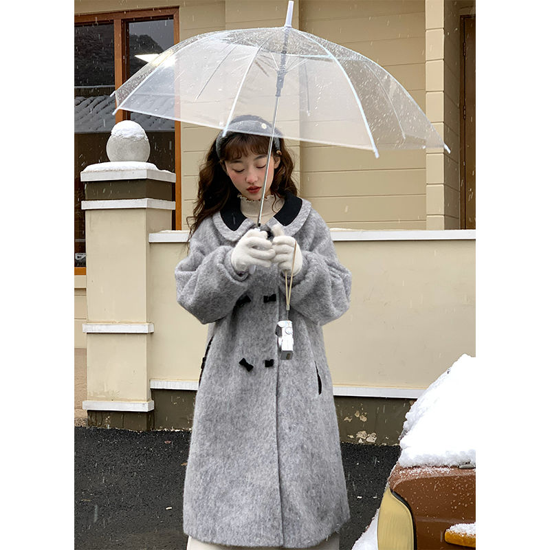 蝴蝶结灰色毛呢外套女秋冬新款宽松甜美小个子中长款加厚毛呢外套