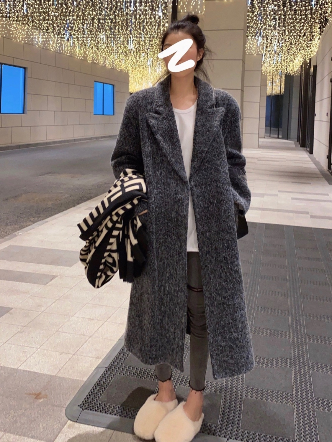 chic高级感灰色加厚夹棉毛呢大衣女冬季新款编织过膝长款西装外套