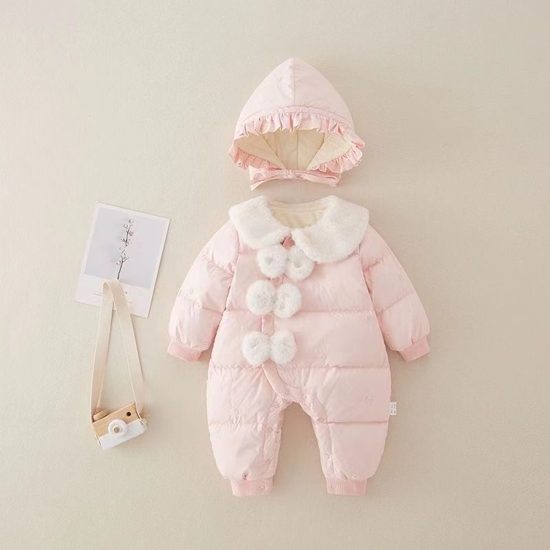 【灿宝家】蝴蝶结偏开襟厚棉连体 婴儿冬装衣服加绒保暖宝宝新生儿