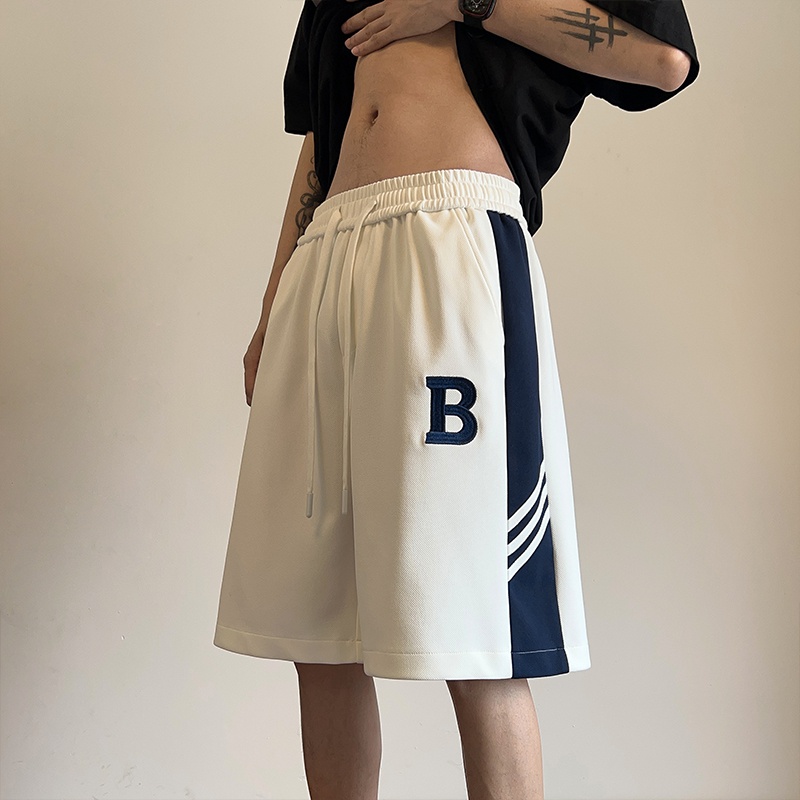 夏季薄款外穿休闲短裤男宽松百搭潮流条纹拼接港风青少年五分裤男