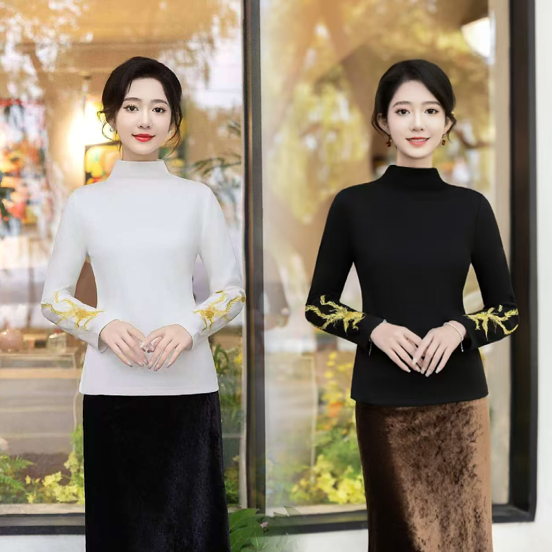 H807【金凤尾】新中式国风刺绣内搭小衫女秋冬双面绒半高领长