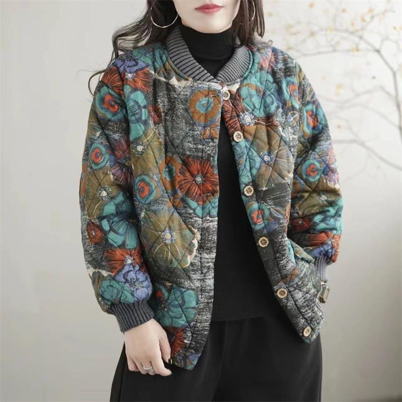季新款加厚韩版宽松显瘦碎花棉服印花立领洋派大尺码休闲女士棉衣