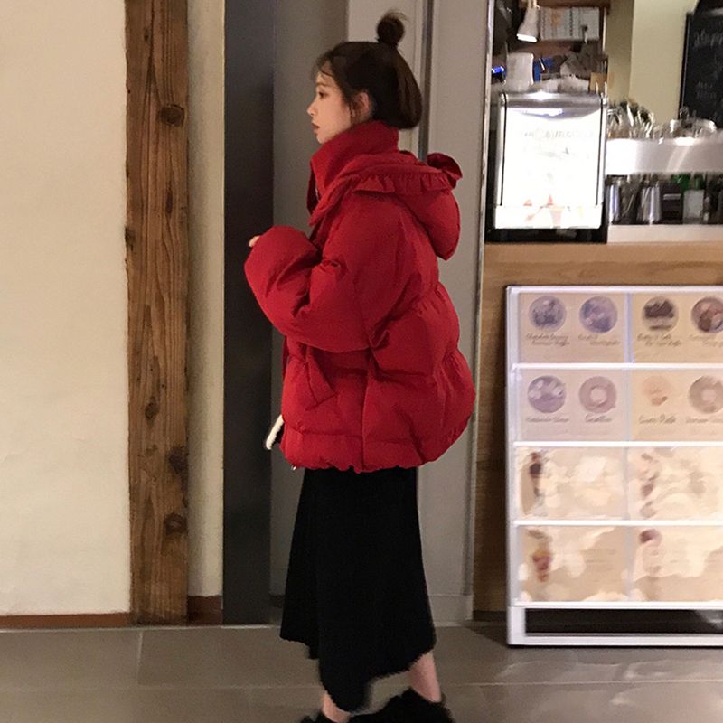 波司豋韩版学生红色短款连帽加厚保暖宽松面显瘦小个子羽绒服时尚