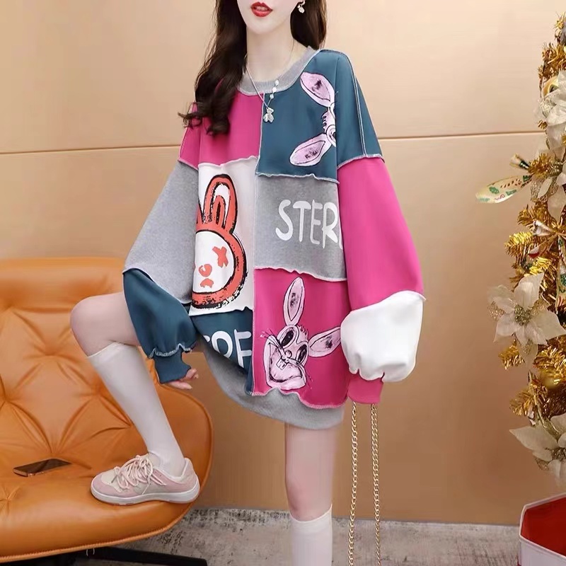 女士卫衣时尚休闲百搭宽松假两件印花圆领拼接