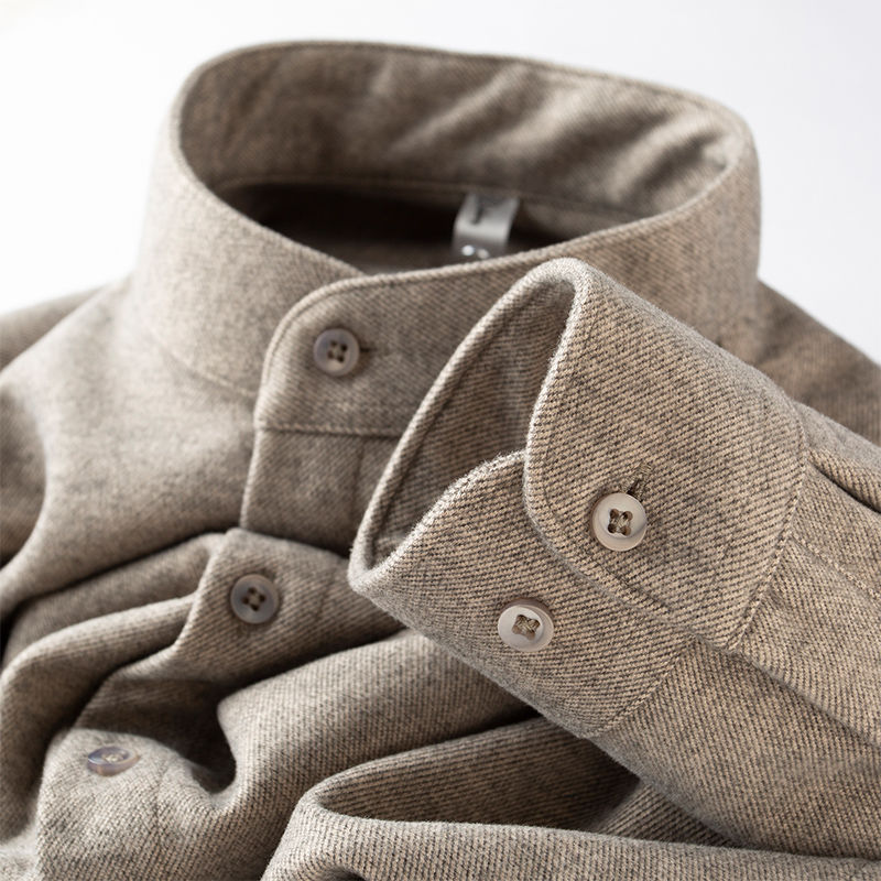 高级感满满~棕色磨毛尼料衬衫男士修身秋冬保暖厚款中山领衬衣男