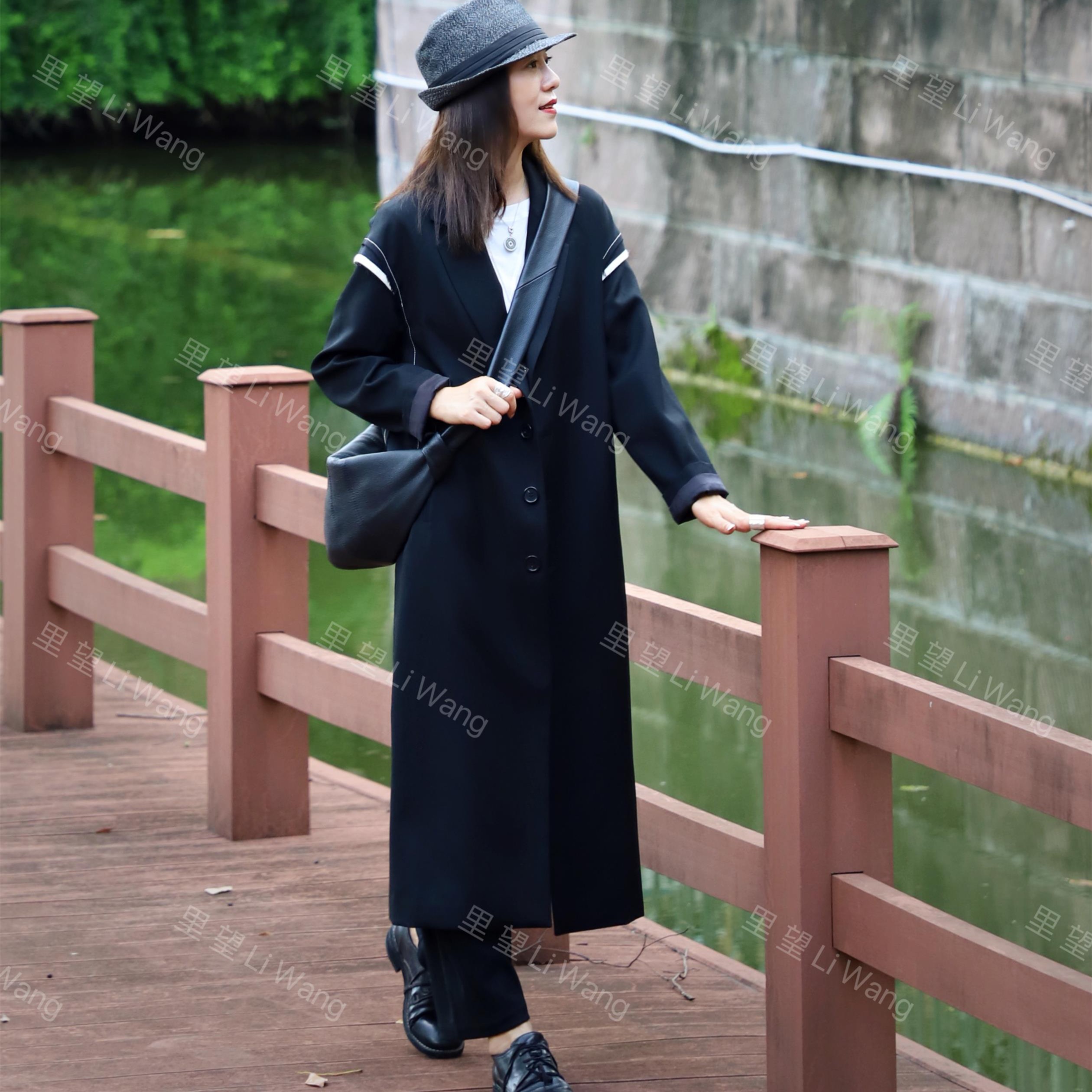 Li Wang/里望2023设计师新款 暗黑风单排扣羊毛中长风衣外套