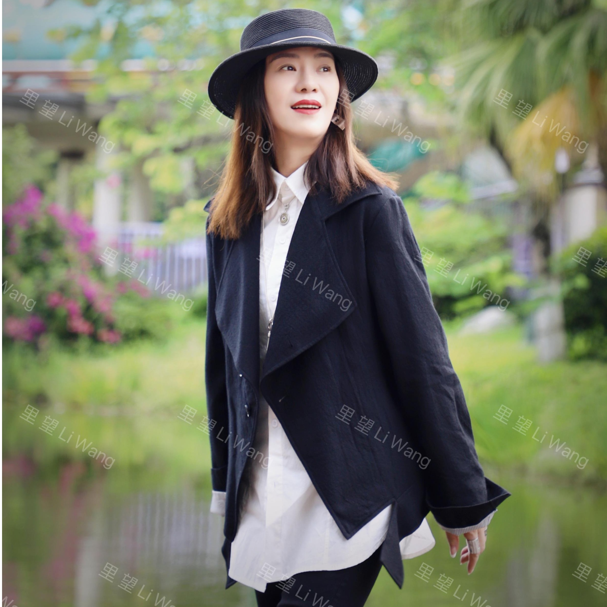 Li Wang/里望设计师款 暗黑利落蓝白条纹内衬 羊毛三粒纽扣大衣