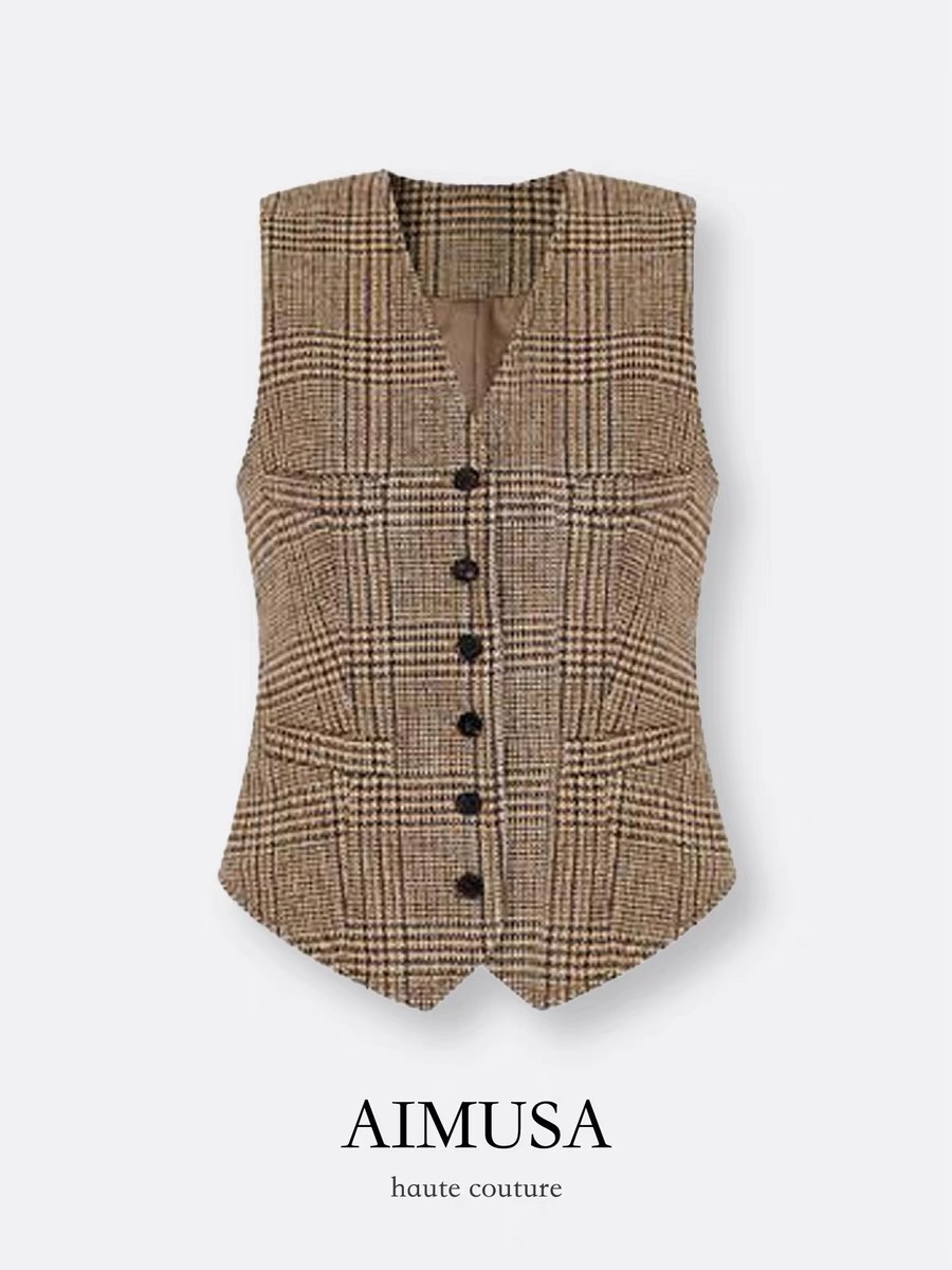 【复古老钱】 25秋冬复古老钱风毛呢马甲女新款2025英伦风修身马夹