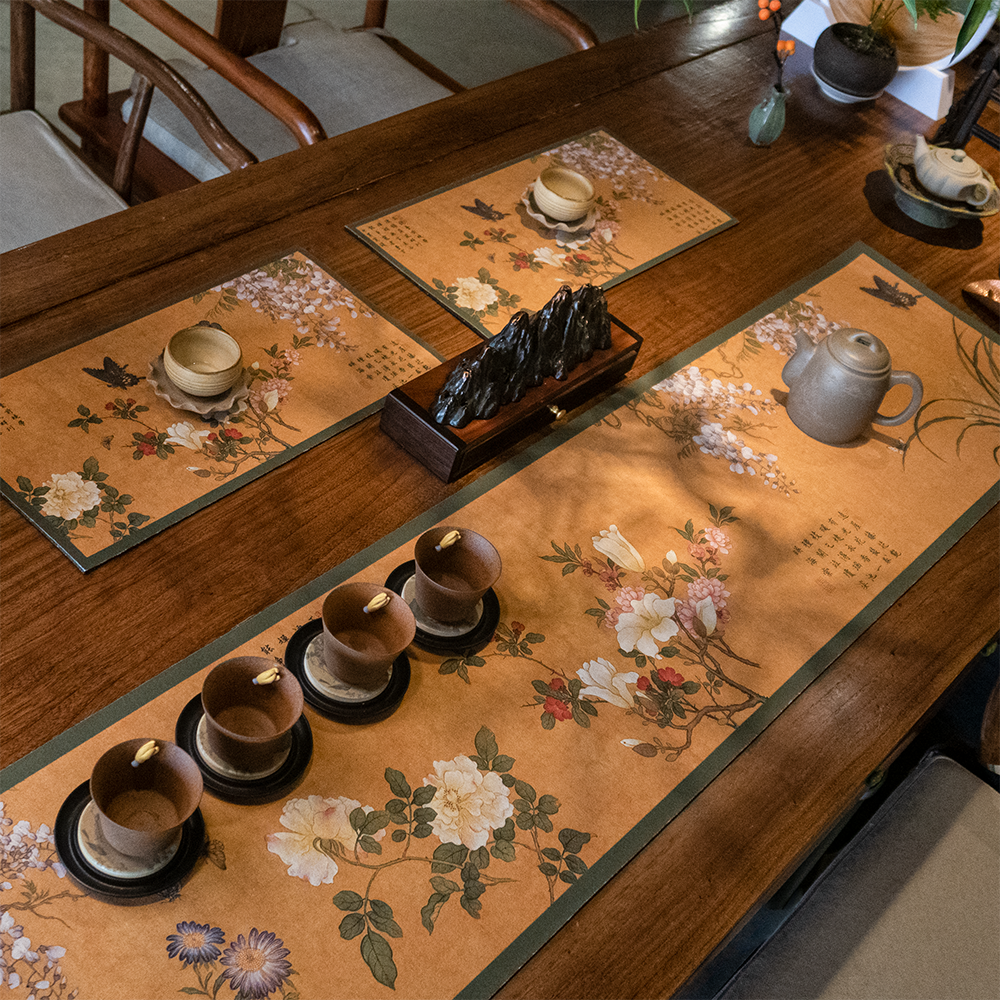 【30X90cm套装】新中式桌旗茶几杯垫简约吸水隔热古典禅意茶垫防滑