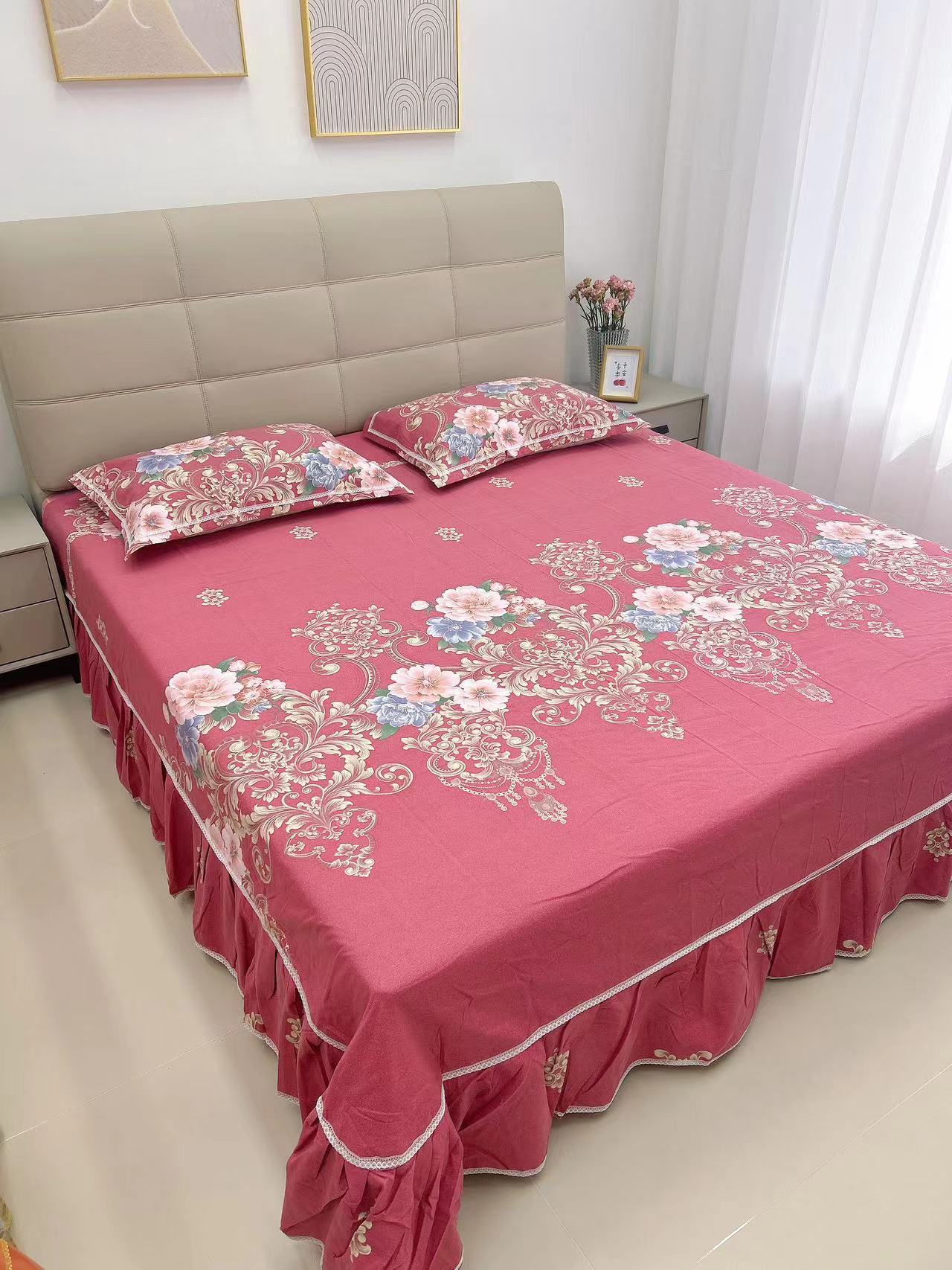 【舒馨】加大加厚暖棉磨毛床裙（富贵花香 暗红色）