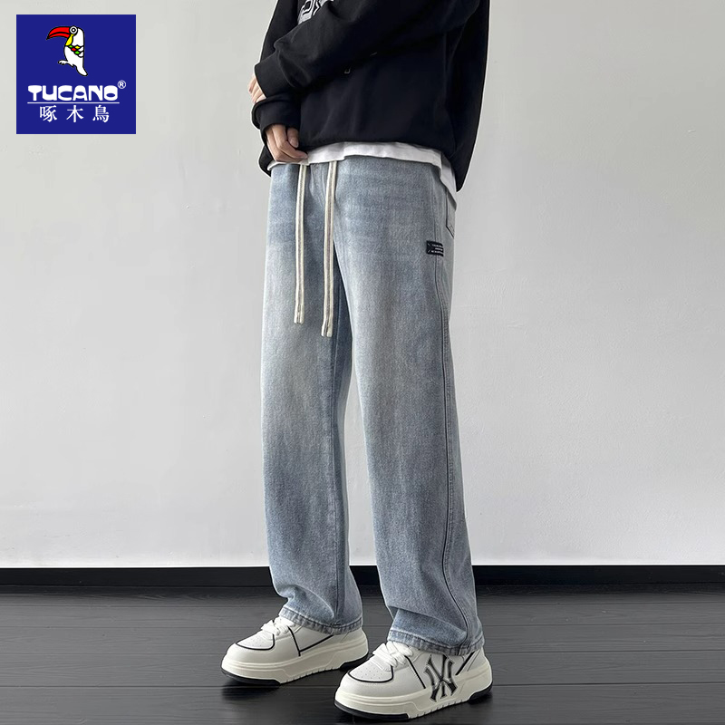 啄木鸟男士牛仔裤宽松直筒松紧时尚潮流百搭美式复古春秋季长裤子