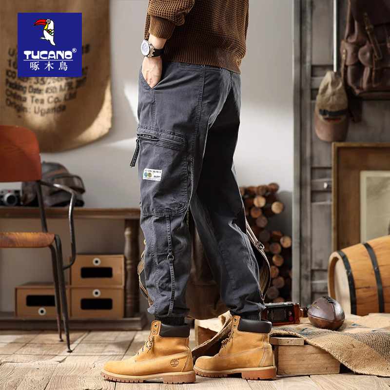 啄木鸟新款2023男士工装裤秋冬款宽松束脚时尚潮流美式痞帅牛仔裤