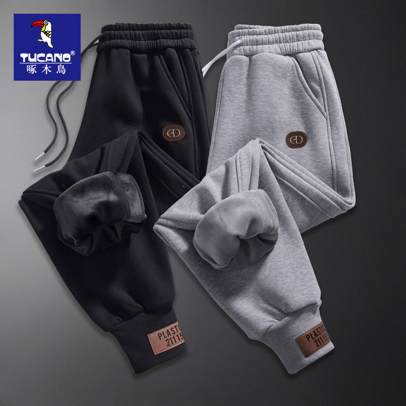 啄木鸟重磅束脚运动裤子男士秋冬季抗寒保暖加绒休闲裤弹力长卫裤