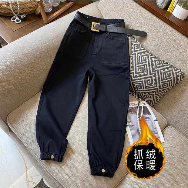 2023秋冬大码黑色加绒牛仔裤女胖mm高腰束脚工装裤显瘦宽松灯笼裤