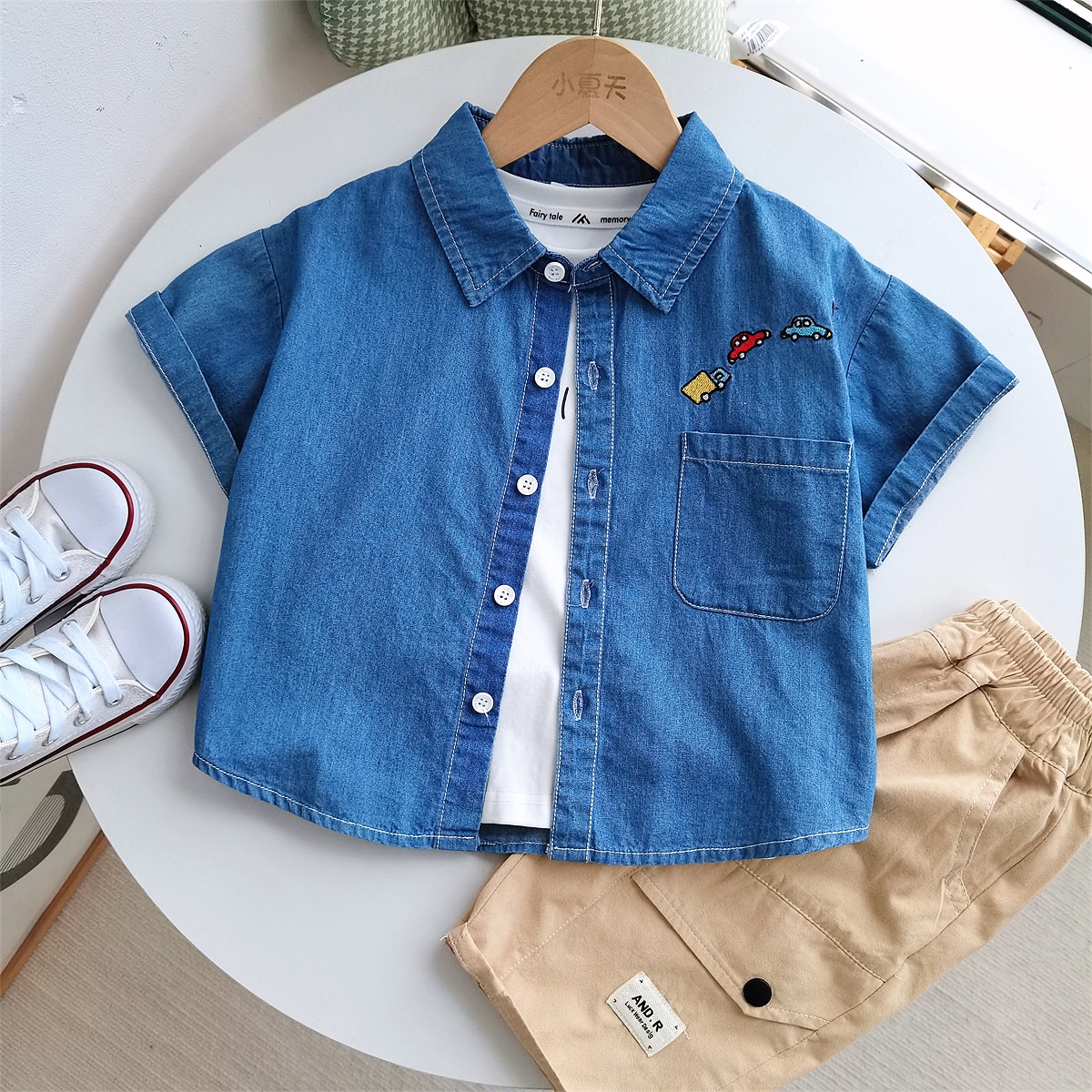 2024夏季男童短袖牛仔衬衫薄款宝宝衬衣中小童洋气韩版儿童上衣潮