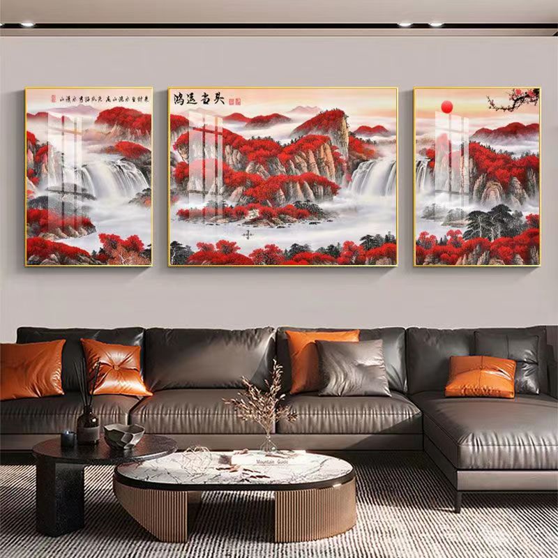 新中式鸿运当头客厅装饰画现代简约沙发背景墙画流水生财山水挂画