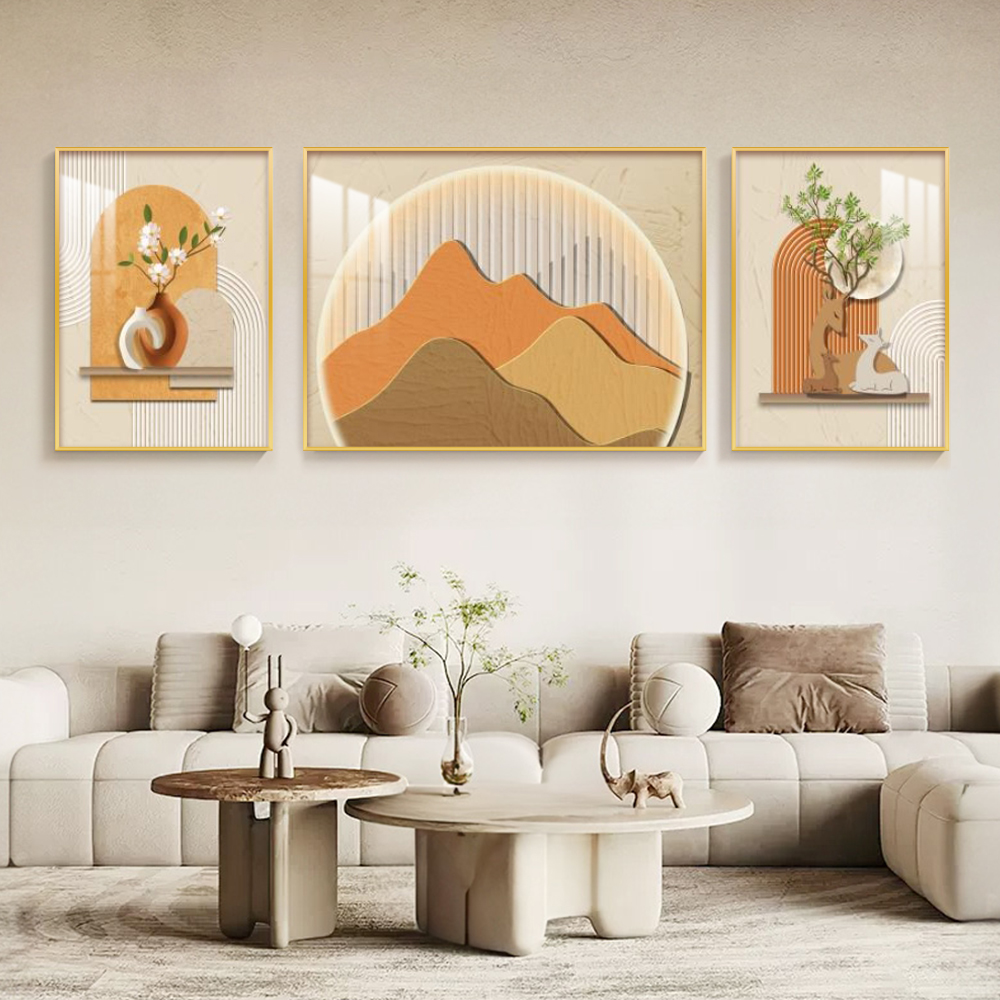 奶油风客厅装饰画现代简约沙发背景墙挂画柿柿如意创意三联壁画