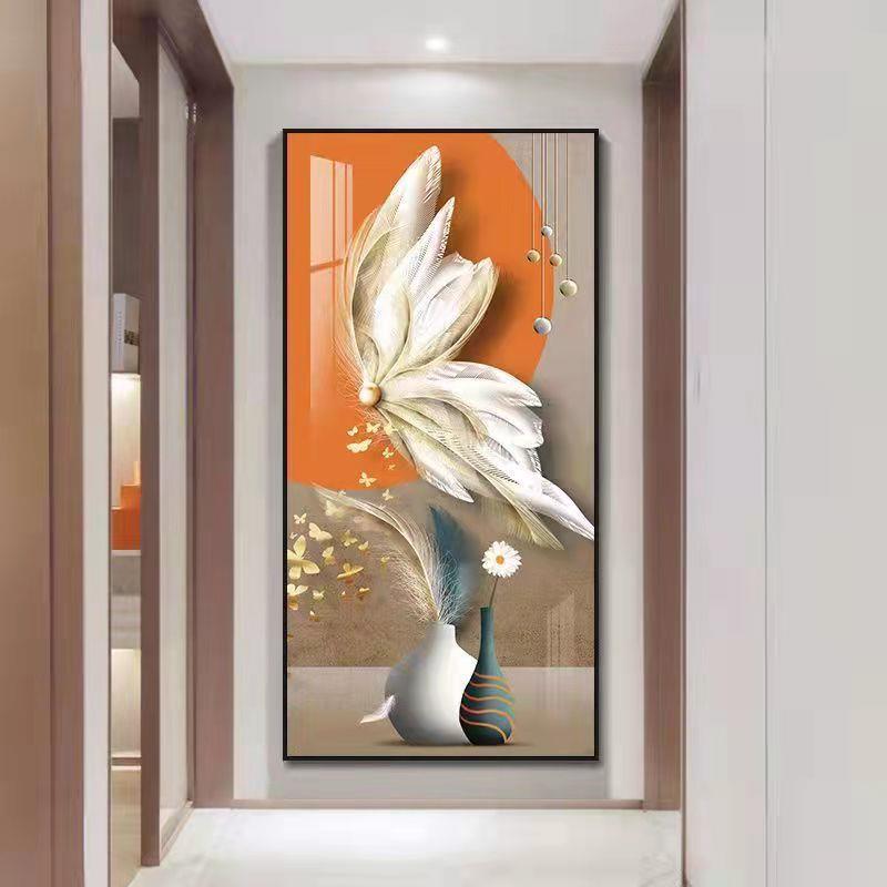 羽毛入户玄关画轻奢走廊过道挂画现代简约单幅壁画高档立体晶瓷画