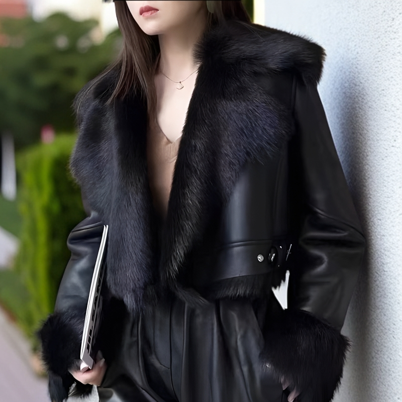 托卡皮毛一体时尚款冬季短款真皮女款黑色百搭秋冬厚外套气质网红