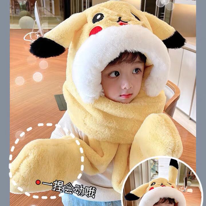 儿童帽子围巾一体男童冬季恐龙耳朵会动保暖三件套宝宝护脸护耳帽