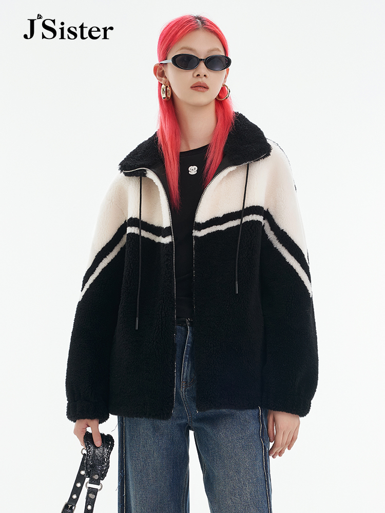 Jsister 秋冬新款 JS女装时尚黑间米流行绵羊毛外套女 S341221313