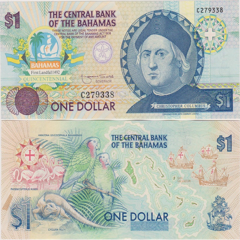 全新UNC 巴哈马1纪念钞1992年哥伦布发现美洲500周年外币收藏保真