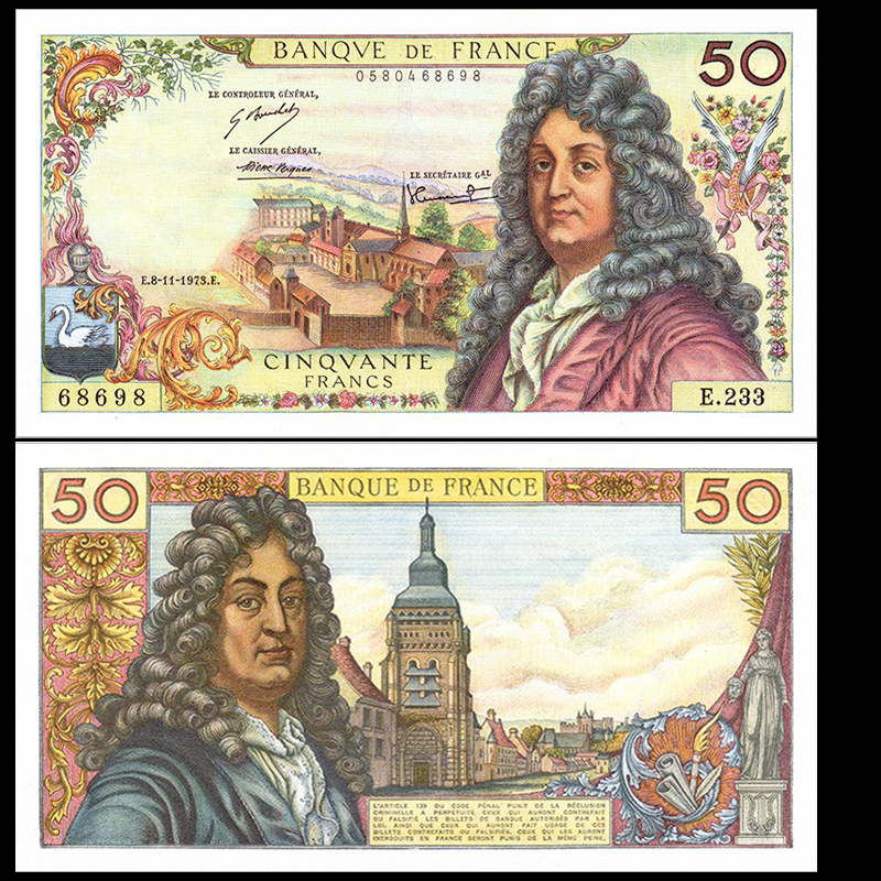 全新UNC 法国50法郎 1962-1973年剧作家诗人拉辛 纸币收藏保真