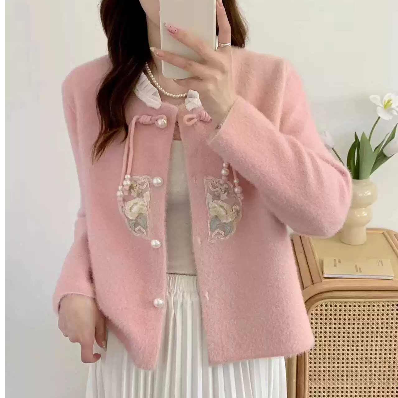 新中式国风仿水貂绒外套女2025秋冬新款慵懒风宽松洋气开衫短款厚