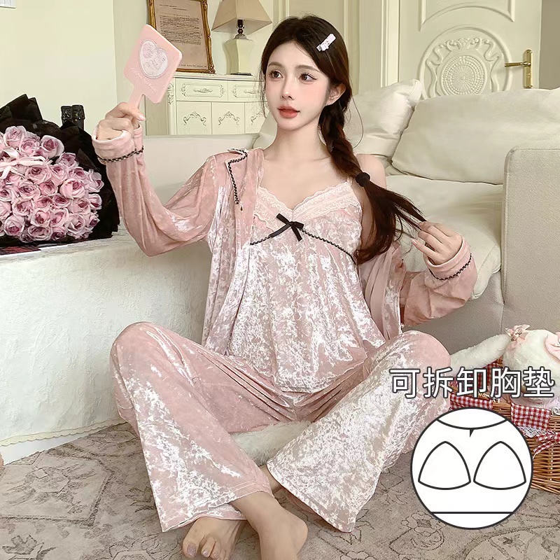 【雾粉蝴蝶】秋款长袖钻石高密绒睡衣春秋款设计师轻奢高级家居服