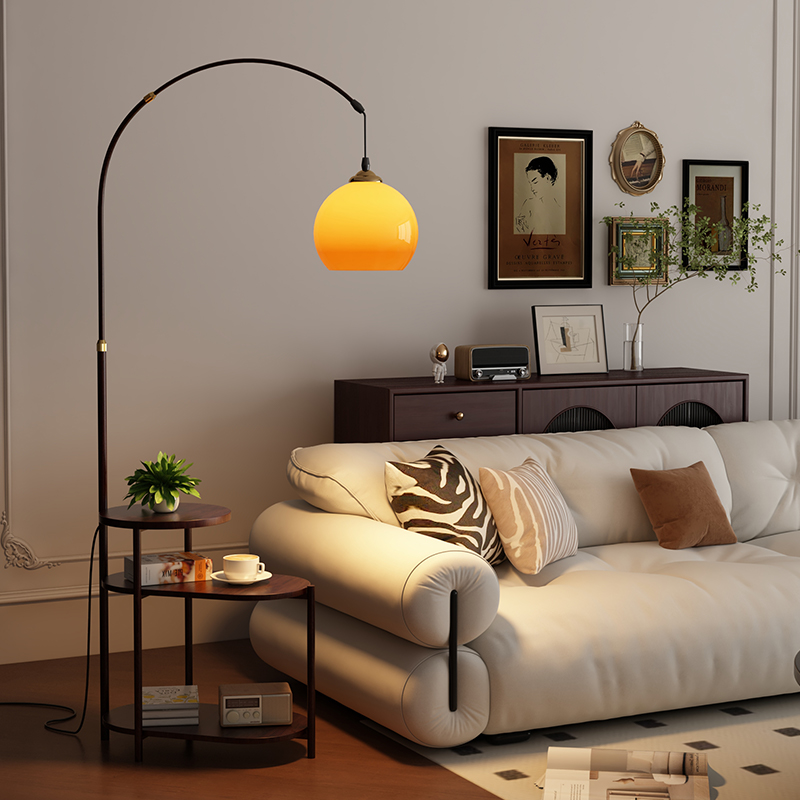 中古风钓鱼灯落地灯客厅沙发边美式复古茶几置物架一体柚子立式灯